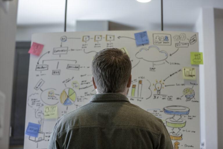 Man sketching a business plan on a large board in office